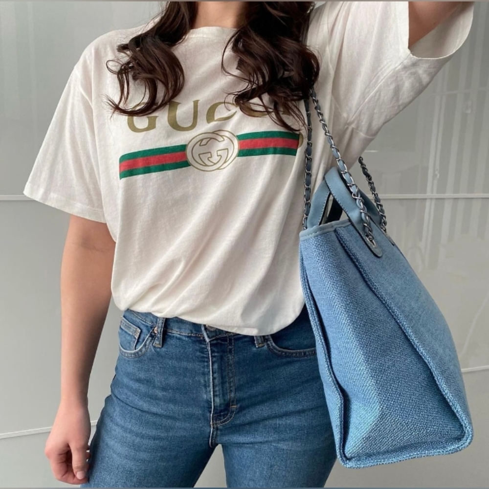 Gucci White Short Sleeve Tee with Green and Red Accents